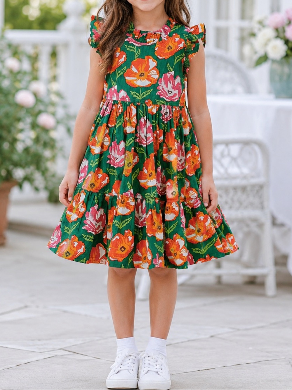 Pink Chicken Green Floral Tiered Jennifer Dress with Orange & Pink Blooms